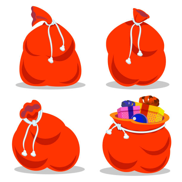 ilustrações de stock, clip art, desenhos animados e ícones de red bag santa claus set. large sack holiday for gifts. big bagful for new year and christmas - sack
