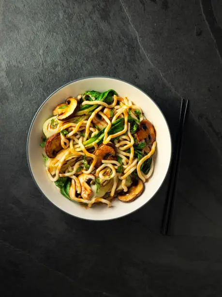 Home made freshness undon noodles with grilled  bok choy ,chestnut mushroom and teriyaki sauce