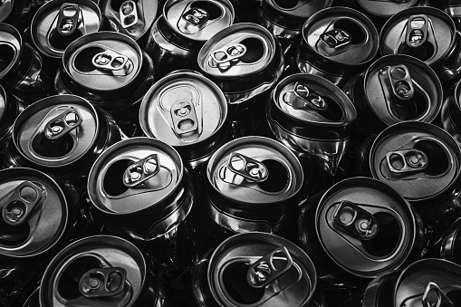 Group of empty aluminum can ready to recycle,close up, black and white picture