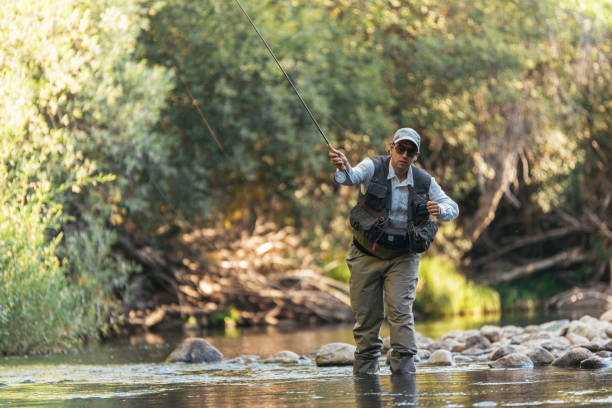 istock Fly fisherman using flyfishing rod in beautiful river 1023550888