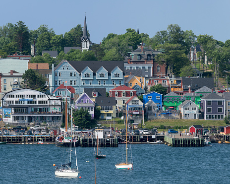 Lunenburg, Nova Scotia, Canada - July 17, 2018: Cityscape of the Lunenburg waterfront from across Lunenburg Harbour
