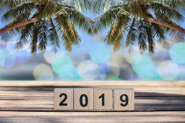 istock Wood cube number 2019 on planks on tropical beach background 1023562940
