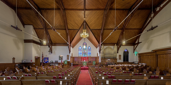 Lunenburg, Nova Scotia, Canada - July 18, 2018: Interior of the historic Zion Evangelical Lutheran Church on Fox Street in Lunenburg