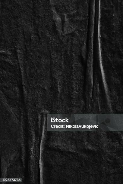 Dark Black Blank Paper Background Creased Crumpled Surface Old Torn Ripped Posters Scary Grunge Textures Stock Photo - Download Image Now