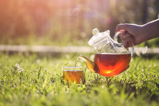 ręcznie wylewanie herbaty ziołowej w ogrodzie - mint tea zdjęcia i obrazy z banku zdjęć