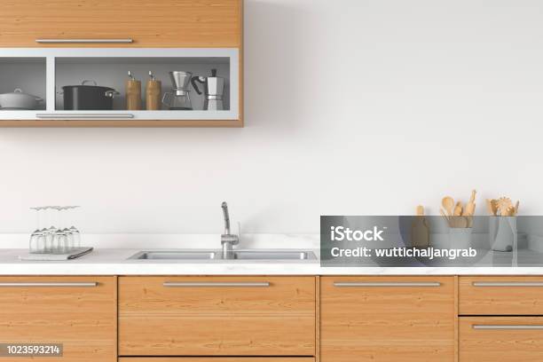 Modern White Kitchen Countertop 3d Rendering Stock Photo - Download Image Now - Kitchen, Wall - Building Feature, Simplicity