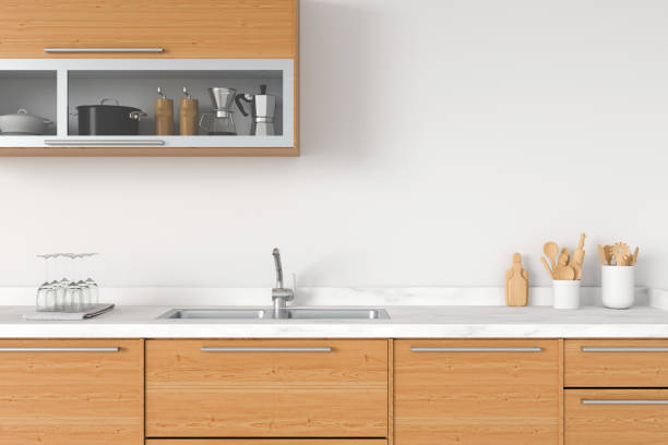 nowoczesny biały blat kuchenny, renderowanie 3d - domestic kitchen furniture decor luxury zdjęcia i obrazy z banku zdjęć