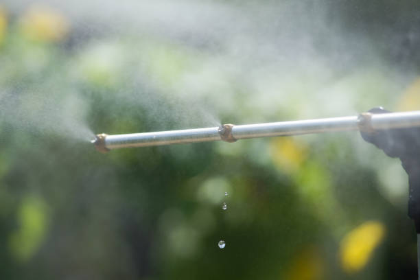 istock Mist nozzle water spraying system on a hot summer day 1023594598