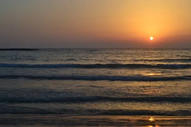 Sunset over the Mediterranean Sea in Tel Aviv, Israel.