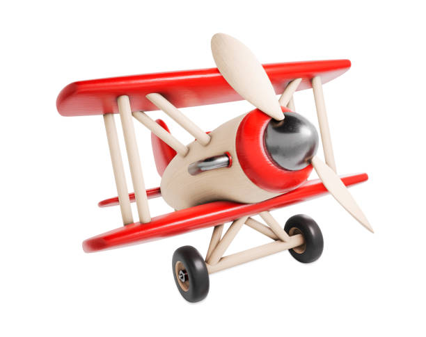 hölzernes spielzeug flugzeug 3d render abbildung isoliert auf weißem hintergrund - small airplane air vehicle propeller stock-fotos und bilder