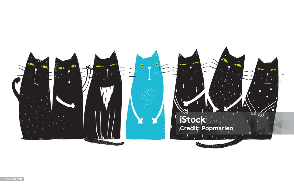 Different Suspicious Cat One Cat stands out from crowd, different color. Domestic Cat stock vector