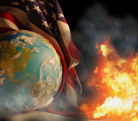 state of emergency with world globe and flag of the United states of America with fire flames and smoke 3d-illustration. elements of this image furnished by NASA