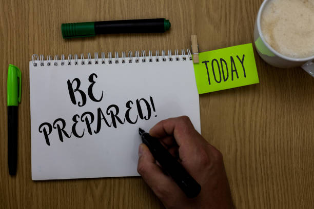 istock Writing note showing Be Prepared. Business photo showcasing Getting ready for whatever will happen Plan Ahead of time Man holding marker notebook clothepin reminder wooden table cup coffee 1023616750