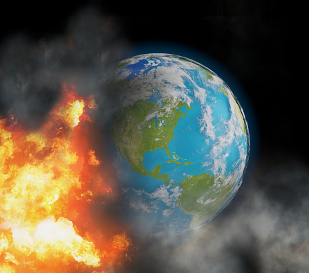 state of emergency with world globe focused at north america with fire flames and smoke 3d-illustration. elements of this image furnished by NASA