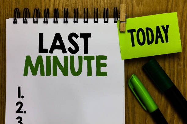 istock Text sign showing Last Minute. Conceptual photo done or occurring at the latest possible time before event Notebook clothespin holding reminder markers expressing ideas wood table 1023617630
