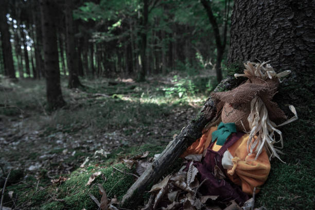 istock Scarecrow covered in dried leaves at a tree root 1023624006