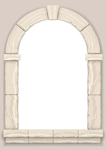 Arch in the wall of beige cut stone and travertine marble for a window or door in the classic style