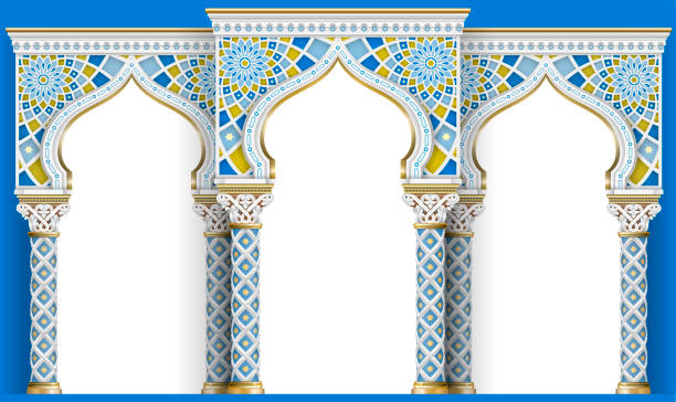 ilustrações de stock, clip art, desenhos animados e ícones de eastern arch of the mosaic. carved architecture - ancient arabic style arch architecture