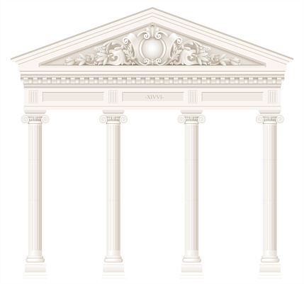 Antique white colonnade with Ionic columns. Three arched entrance or niche. Vector graphics