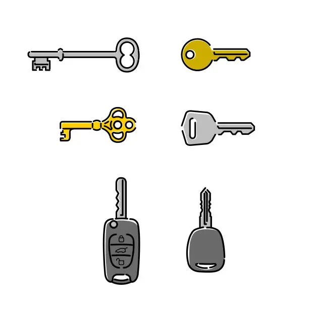 Vector illustration of Different keys open outline icons