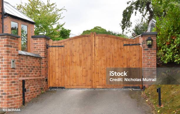 Wooden Security Gate With Keypad Operated Lock Stock Photo - Download Image Now - Gate, Wood - Material, Driveway