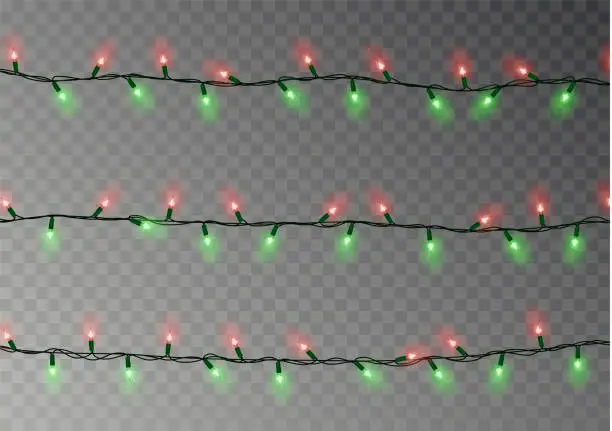 Vector illustration of Christmas lights string isolated. Realistic garland decoration. Festive design elements. Glowing lig