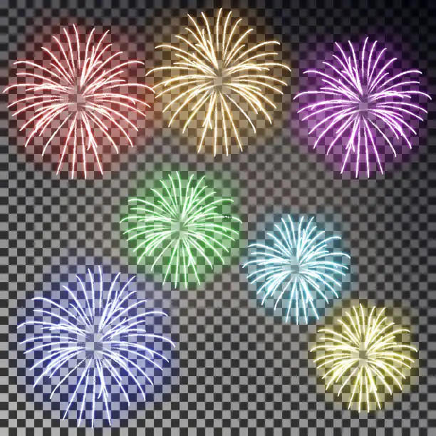Vector illustration of Festive fireworks set. Christmas firecracker light effect isolated on dark background. Firework deco
