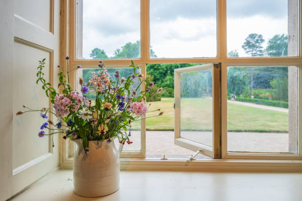 fleurs et vue de la fenêtre dans les jardins d’un logis seigneurial anglais traditionnel - stockport photos et images de collection