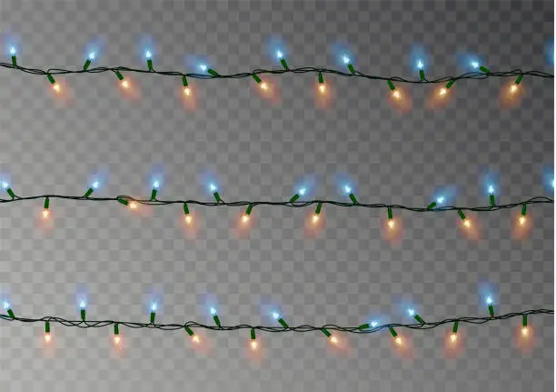Vector illustration of Christmas lights string isolated. Realistic garland decoration. Festive design elements. Glowing lig
