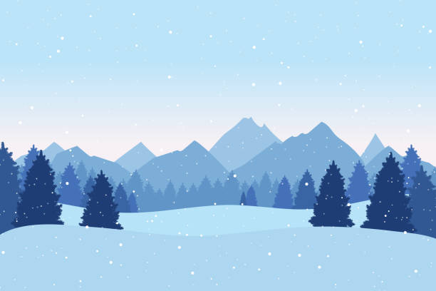 Christmas postcard with winter landscape with pine trees,  mountains and snowflakes. Xmas background. Vector illustration Christmas postcard with winter landscape with pine trees,  mountains and snowflakes. Xmas background. Vector illustration tree cutting silhouette stock illustrations