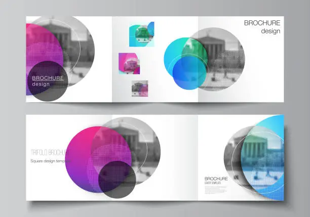 Vector illustration of The minimal vector editable layout of two square format covers design templates for trifold square brochure, flyer, magazine. Creative modern bright background with colorful circles and round shapes