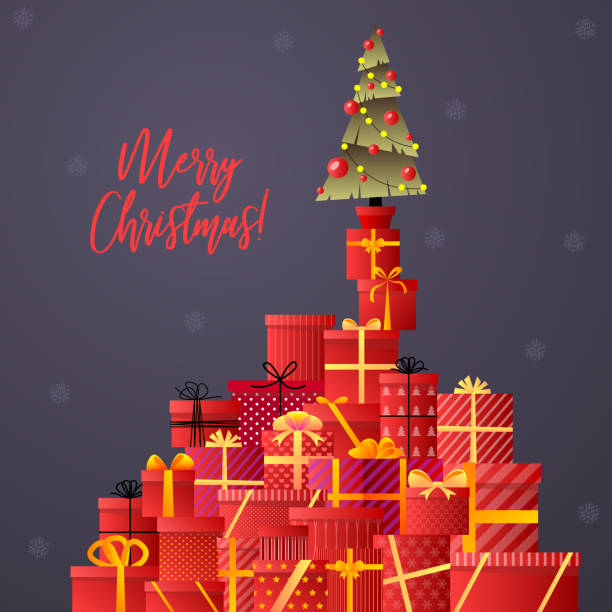 istock Merry Christmas. Christmas tree, gifts. Xmas celebration. Decorated christmas tree with gift boxes, balls and lamps. Gifts with bows and ribbons. Stack of colorful present gift boxes 1023674376