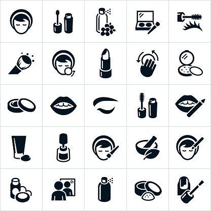 An icon set of cosmetics, especially makeup type cosmetics. The icons show a woman applying makeup, makeup, eyeshadow, eyeliner, blush, body spray, makeup brush, foundation, body cream, lotion, lips, eye, lip pencil, nail polish and mirror to name a few.