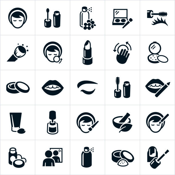 Cosmetics Icons An icon set of cosmetics, especially makeup type cosmetics. The icons show a woman applying makeup, makeup, eyeshadow, eyeliner, blush, body spray, makeup brush, foundation, body cream, lotion, lips, eye, lip pencil, nail polish and mirror to name a few. eyeliner brush stock illustrations