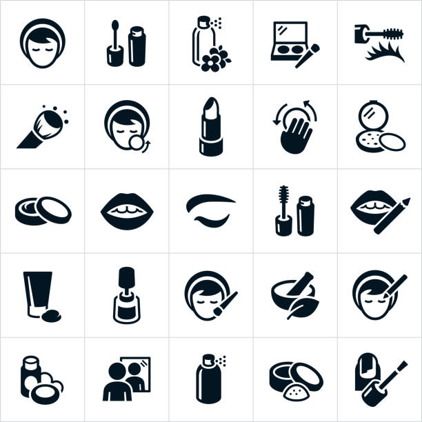 Cosmetics Icons An icon set of cosmetics, especially makeup type cosmetics. The icons show a woman applying makeup, makeup, eyeshadow, eyeliner, blush, body spray, makeup brush, foundation, body cream, lotion, lips, eye, lip pencil, nail polish and mirror to name a few. make up stock illustrations