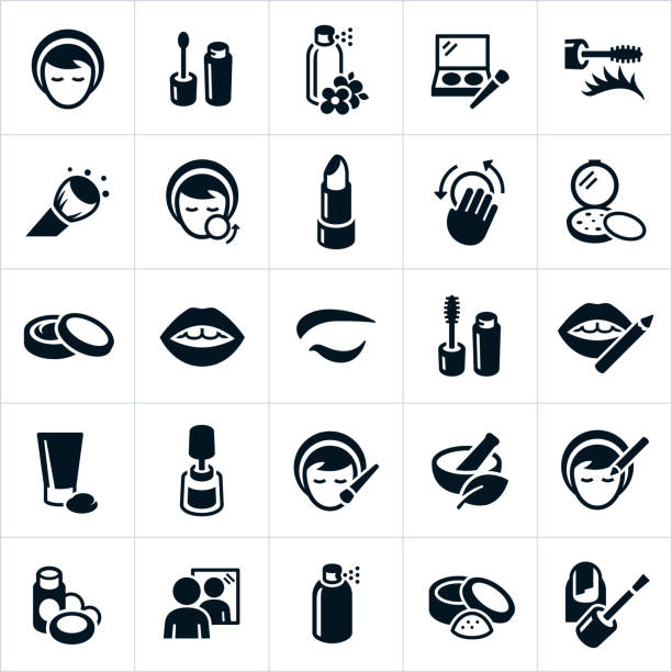 An icon set of cosmetics, especially makeup type cosmetics. The icons show a woman applying makeup, makeup, eyeshadow, eyeliner, blush, body spray, makeup brush, foundation, body cream, lotion, lips, eye, lip pencil, nail polish and mirror to name a few.
