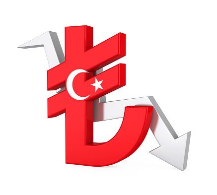 Turkish Lira Sign and Arrow isolated on white background. 3D render