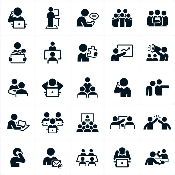 Working Office Culture Icons An icon set of business people working in an office type environment. The icons include business people, people working at computers, texting, working as a team, solutions, talking on the phone, leading a presentation, attending a presentation, at lunch, being fired, attending a web conference, giving a high five, in a board meeting and playing ping pong just to name a few. man presentation stock illustrations