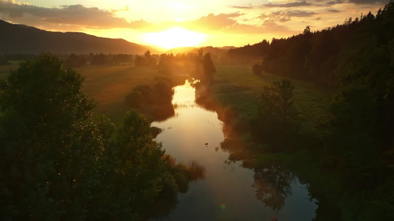 Aerial shot of the rising sun painting the calm river in gold as it winds amongst the meadows. Shot in Slovenia.