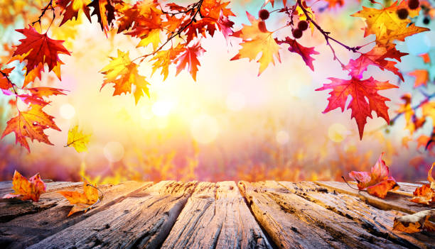 istock Wooden Table With Red Leaves And Autumn Background 1023683480