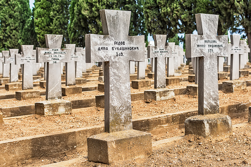 Thessaloniki, Greece - August 16, 2018: Zeitenlik war cemetery in Thessaloniki.  Contains the graves of the Serbian, French, British, Italian and Russian soldiers.