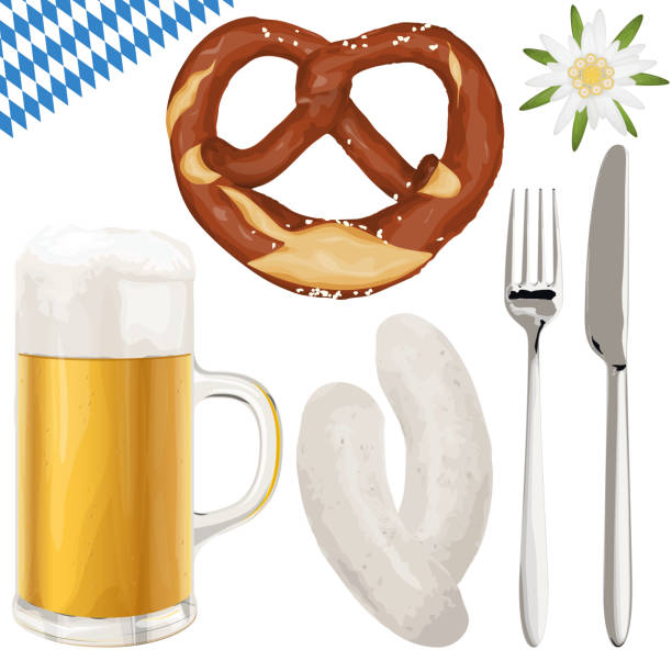 collection Beer Fest objects collection of typical illustrated Beer Fest objects, beer, bretzel, white sausage with fork and knife, Edelweiss flower beer garden stock illustrations