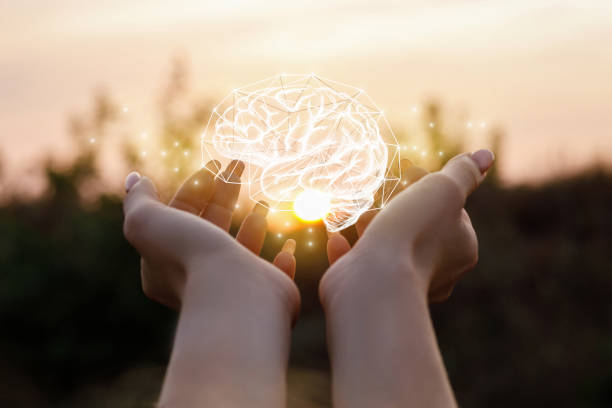 istock Female hand shows the brain . 1023692050