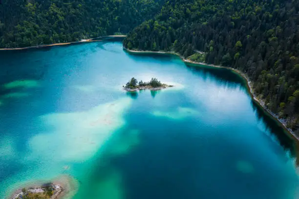 This photo shows a island at the Eibsee. Take it with my dji drone.