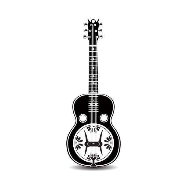 Vector black and white resonator guitar Vector black and white illustration of resophonic guitar. Bluegrass and country music. notes on guitar neck stock illustrations