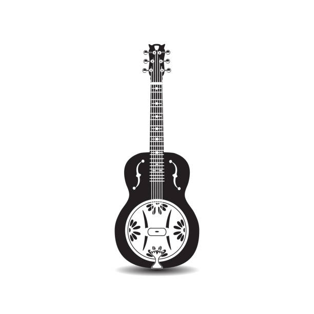 Vector dobro, american resonator guitar Vector black and white illustration of dobro, american resonator guitar. notes on guitar neck stock illustrations