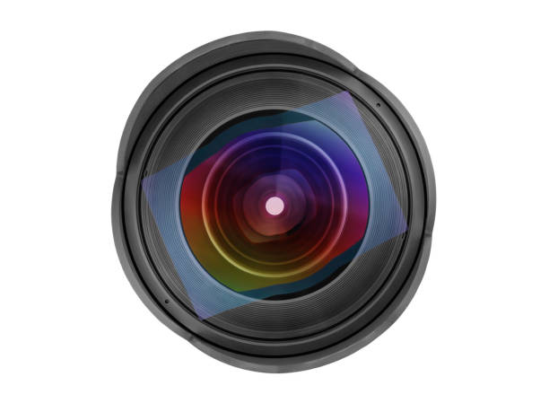 large wide angle photo lens front view isolated with clipping path - large aperture imagens e fotografias de stock