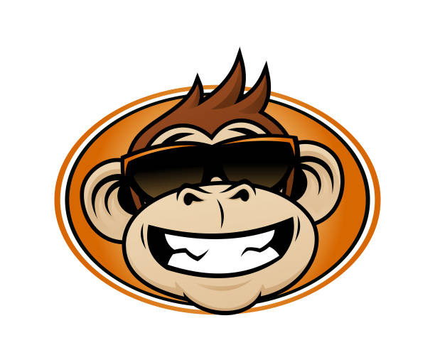 Laughing monkey head cartoon mascot in sunglasses Laughing cartoon monkey head in sunglasses mascot vector emblem monkey stock illustrations