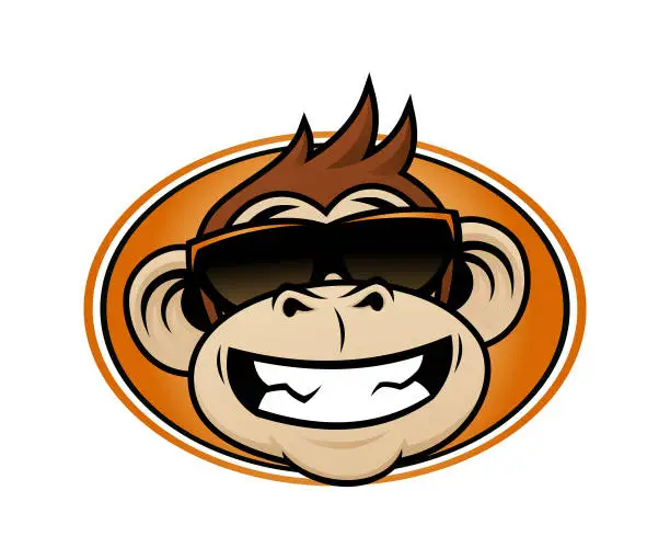 Vector illustration of Laughing monkey head cartoon mascot in sunglasses