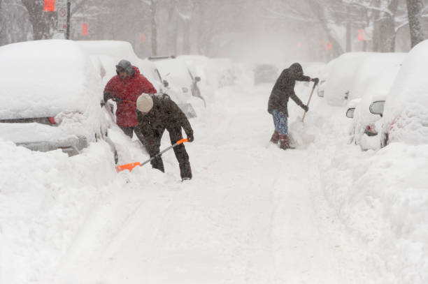 snow storm stella in montreal - snow digging horizontal people imagens e fotografias de stock